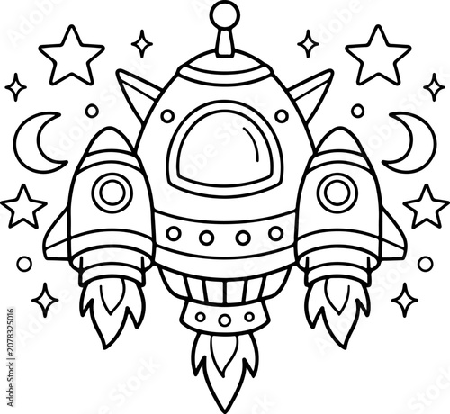 futuristic space ship cartoon outline hand drawn Line Art illustration doodle art coloring page for kids