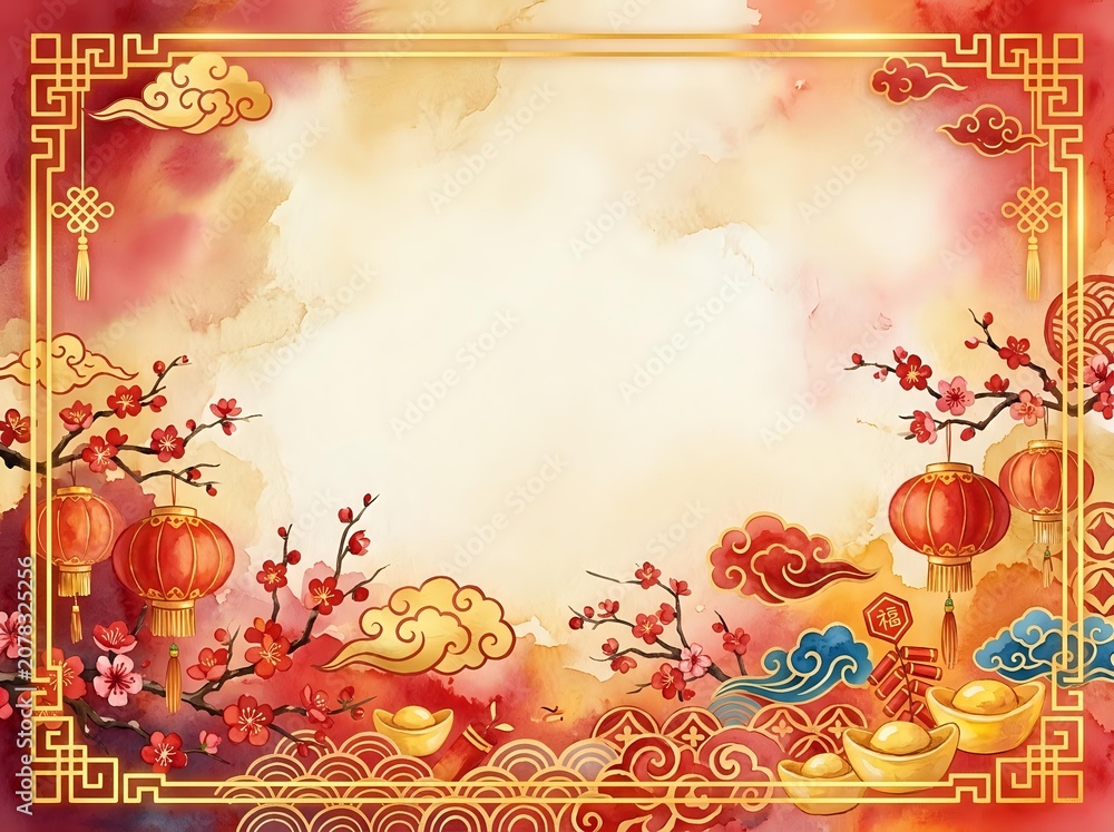 Naklejka premium Chinese New Year Lantern Oriental Watercolor Festive Greeting Card with Cherry Blossom and Gold