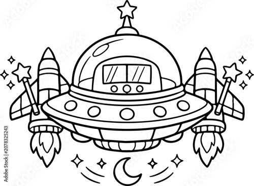 futuristic space ship cartoon outline hand drawn Line Art illustration doodle art coloring page for kids
