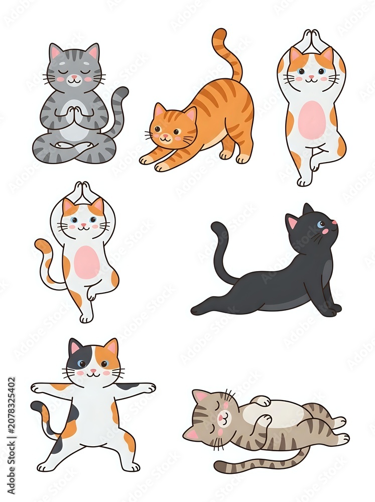 Obraz premium Cute Cartoon Cat Collection in Various Playful Poses Vector Illustration Clipart Set