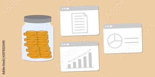 Coin collection jar, savings tracker, growth chart and financial planning elements. Spare change savings concept scene. Small savings accumulation and money management process. 