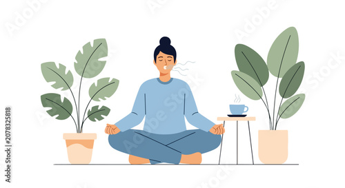 Cuadro en lienzo A woman sits cross-legged in a meditative pose between two large potted plants, exhaling deeply with a cup of hot tea nearby on a small table