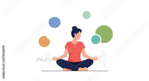 Fotografie A woman sits in a peaceful meditative pose surrounded by colorful abstract circles, illustrating mindfulness and inner tranquility