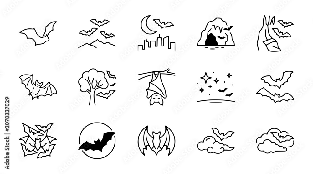 Obraz premium Bat Icons Set: Night Flight, Cave, Cityscape, Halloween & Nature Elements