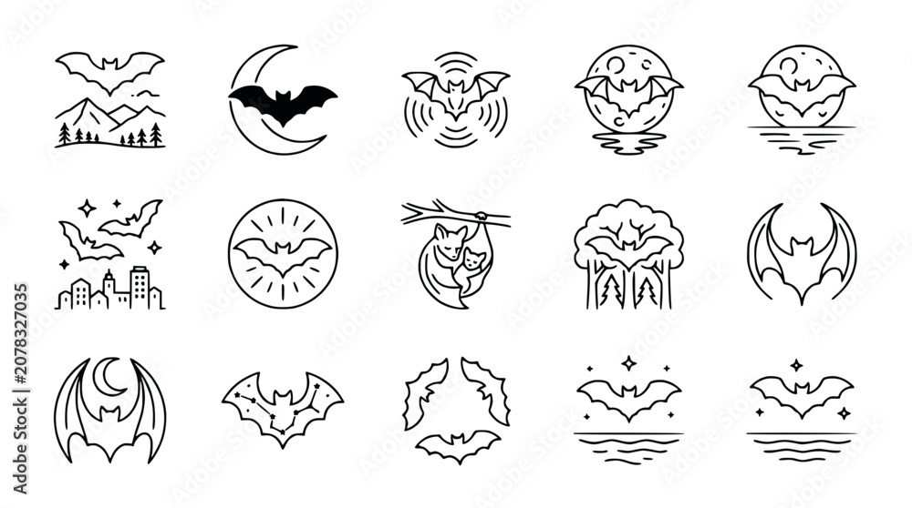 Obraz premium Minimalist Bat Icons Set: Moon, Night Sky, Nature, Animals, Halloween & Mystery