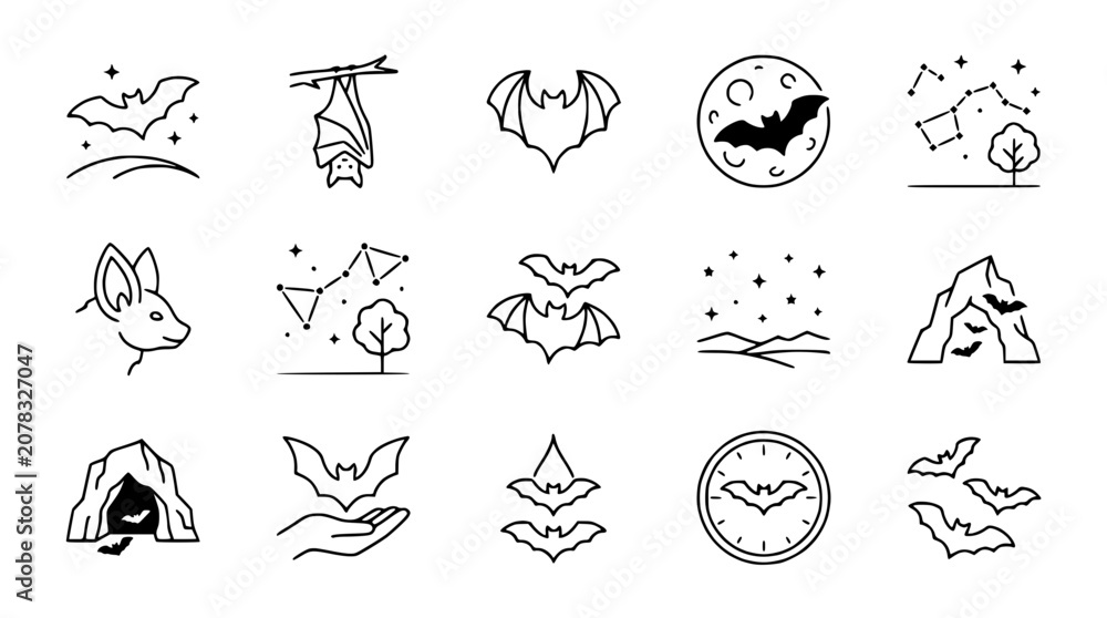 Fototapeta premium Halloween Bat Icons Set: Flying, Hanging, Cave, Moon, Stars, Constellation, Hand