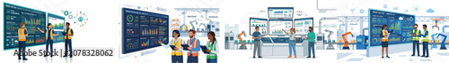 Flat vector illustration of factory employees analyzing production data on large digital dashboards, smart factory concept, Industry 4.0 technology, simple modern design, white background