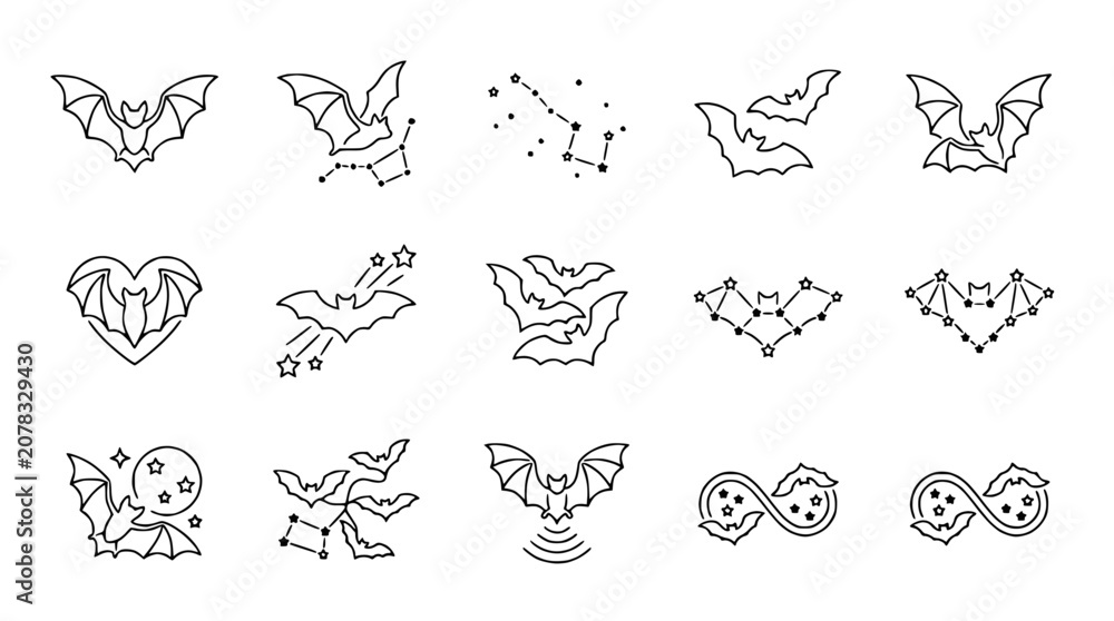 Fototapeta premium Bat Constellation & Halloween Icons Collection - Minimalist Line Art