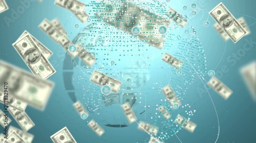 US dollar bills swirling onto dotted globe, camera zooming, revealing global money flow