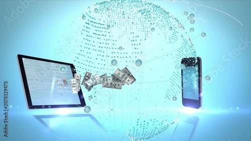 Tablet appearing releasing banknotes to phone as dotted globe pulsing, showing transfer