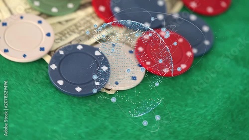 On play overlay sphere moving over chips and cash while camera panning, highlighting pot value