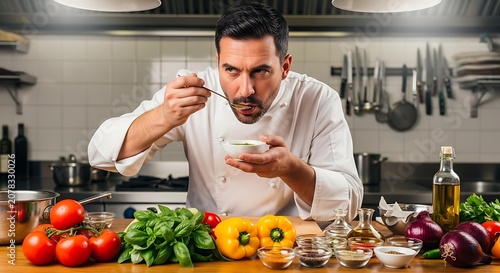 Professional Chef Tasting a Delicious Dish in a Busy Restaurant Kitchen