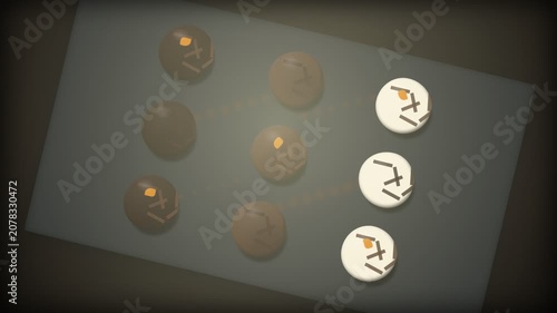 Abstract digital animation featuring glowing orbs and circular symbols on a dark background.