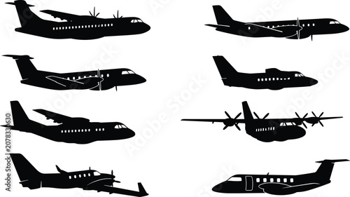 Obraz na plátně Aircraft Silhouette Collection with Passenger Airplanes, Turboprop Planes and Re