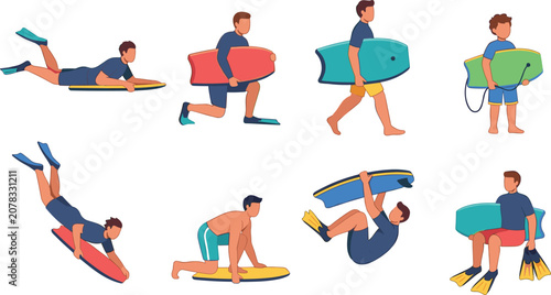 Foto Bodyboarding and Boogie Board Activities Vector Set with Beach Sports Characters