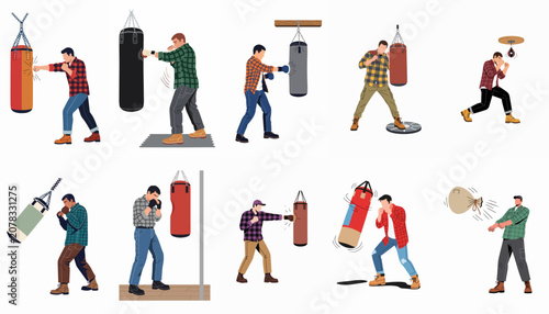 Photos Flat illustration set of men in casual attire training with punching bags for fi