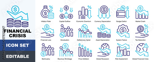 Tableau sur toile Financial Crisis Icon Pack Featuring Inflation Rate, Capital Outflow, Economic D