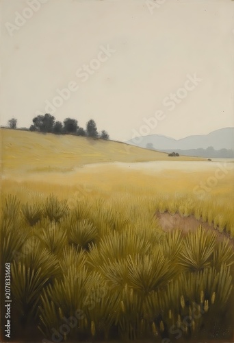 Serene landscape painting depicting rolling hills and lush fields with muted color palette