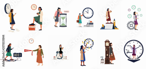 Tableau sur toile Vector illustration set of professional women managing time, meeting deadlines, and organizing work schedules with various clocks and productivity tools