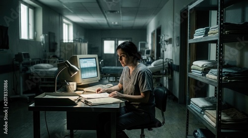 Serious Medical Professional Working Late In A Gloomy Hospital Environment