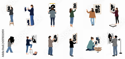 Fotografie Collection of flat vector illustrations showing a female art handler or gallery worker installing, measuring, and unpacking abstract framed paintings