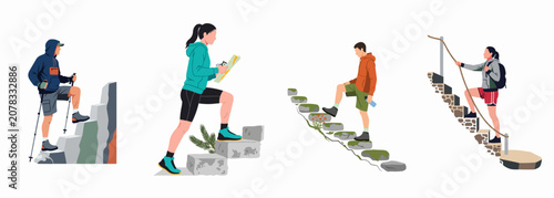 Obraz na plátně Set of diverse hikers and climbers ascending and descending stone steps, flat vector illustration isolated on white background