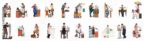 Fotografie Flat vector illustrations of diverse male and female jewelers and artisans working on handmade jewelry in their workshops, inspecting and crafting exquisite pieces