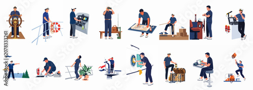 Obraz na plátně Set of flat illustrations showing various maritime professional activities and roles of sailors and ship crew members on board and on shore