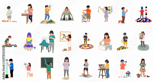 Collection of diverse children engaged in various sensory play, educational activities, and Montessori-inspired learning exercises against a white background.