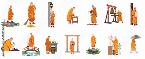 Quadro su tela Flat vector illustration set of Buddhist monks in orange robes performing various daily spiritual and mindful activities in a monastery temple setting