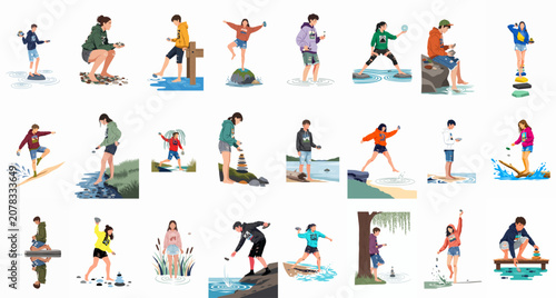 Photography A collection of diverse young people skipping stones, stacking cairns, and enjoying various outdoor water activities in a flat vector illustration style