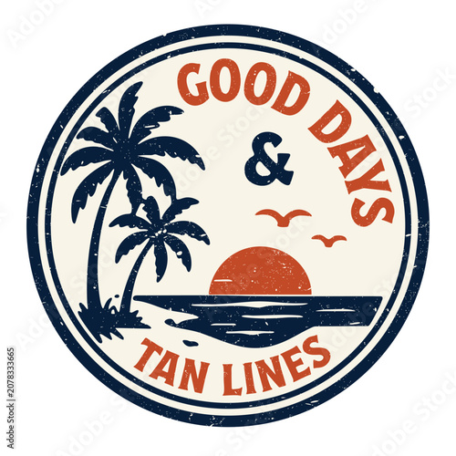 Retro tropical summer badge with palm trees, sunset, and beach scene. Vintage typography and clean flat vector illustration with distressed texture, designed for apparel, vacation branding, and summer