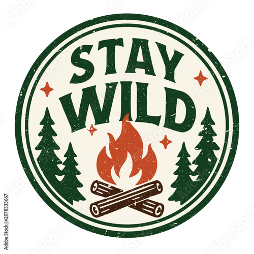 Retro camping badge with tent, mountain lake, and starry night landscape. Bold vintage typography combined with flat vector outdoor graphics in a timeless adventure style.