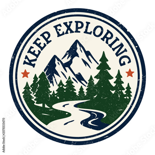 Vintage hiking badge with winding river, mountain scenery, and bold retro lettering. Flat vector camping illustration with distressed texture for outdoor apparel, stickers, and adventure branding.