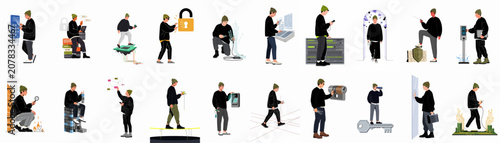 Konstfotografi A comprehensive collection of illustrations depicting a hacker engaging in various cybercriminal activities like data theft, system breaching, and bypassing security measures