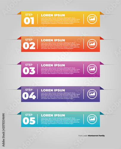 Business infographic timeline vector illustration with five steps and colorful gradient horizontal bookmark banner cards with geometric folded tabs