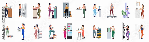 Obraz na plátně Flat vector illustrations of active women in various gym settings, including locker rooms, juice bars, and using self-service kiosks and vending machines