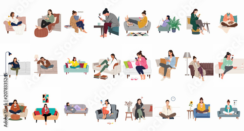 Photography Collection of flat illustrations showing young women relaxing at home on sofas and armchairs while using smartphones and digital tablets