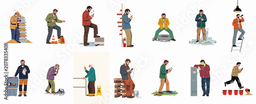 Photos Illustration set depicting various manual workers distracted by smartphones and mobile devices while ignoring workplace safety hazards and duties
