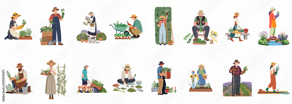 Naklejka premium Comprehensive set of flat vector illustrations featuring diverse people engaged in gardening, harvesting herbs, and maintaining lush home gardens and fields.