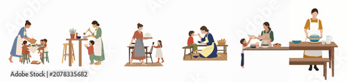 Принти на полотні A panoramic illustration featuring several heartwarming scenes of mothers and children preparing and enjoying meals together in a cozy kitchen setting