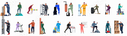 Fotografía A comprehensive collection of diverse fitness coaches and personal trainers depicted in various sports and gym settings, shown as flat vector illustrations