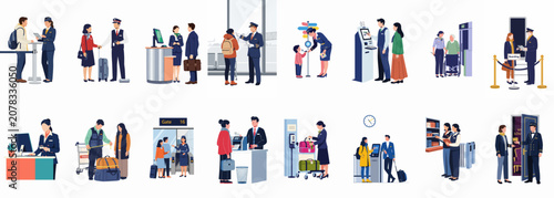 Tableau sur toile Flat vector illustration set of airport service personnel assisting passengers with check-in, luggage, boarding, and navigation in a modern terminal building