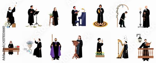 Collection of diverse clergy and choir members in traditional black robes performing various religious, musical, and ceremonial duties in a church setting.