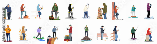 Collection of flat vector illustrations of people using walkie-talkies and portable radios in diverse outdoor settings and environments.