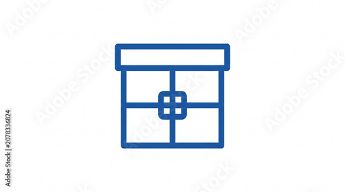 Minimalist blue outline gift box icon with ribbon