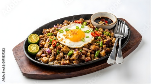 Sizzling pork sisig served on a hot metal plate with a sunny side up egg and calamansi, traditional filipino dish
