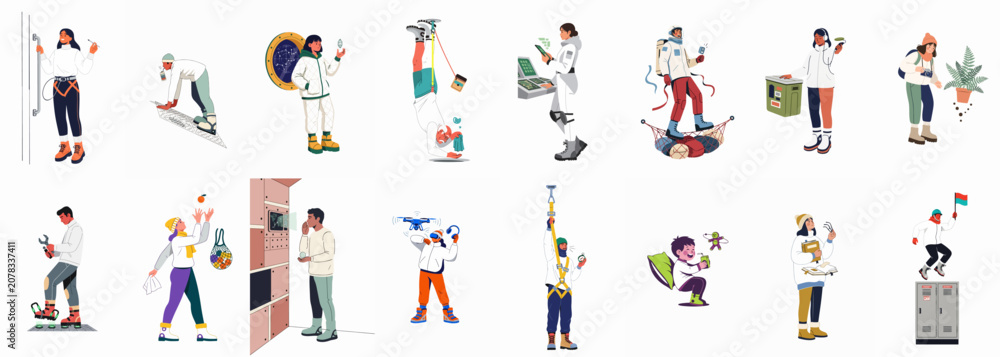 Fototapeta premium Flat vector illustration set of characters in futuristic white suits performing various activities related to space exploration, technology, and science.