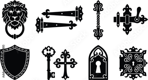 Obraz na płótnie Medieval Hardware Silhouette Collection with Shield, Hinges, Lock and Decorative