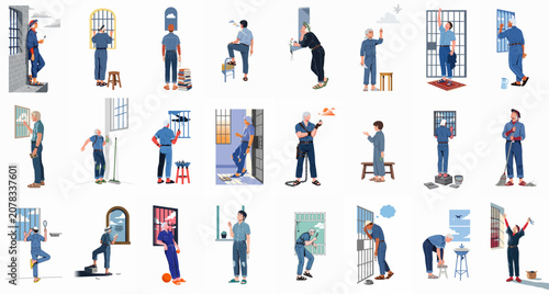 Canvastavla Set of diverse character illustrations depicting prison life, with inmates in various scenarios dreaming of freedom and dealing with confinement